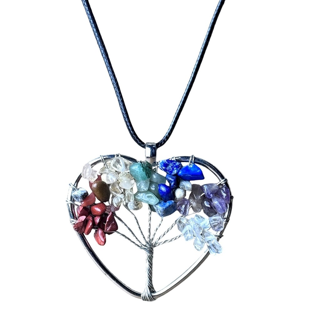Chakra Tree of‎ Life Heart Pendant Necklace Gemstone Chips Black Cord Boho
